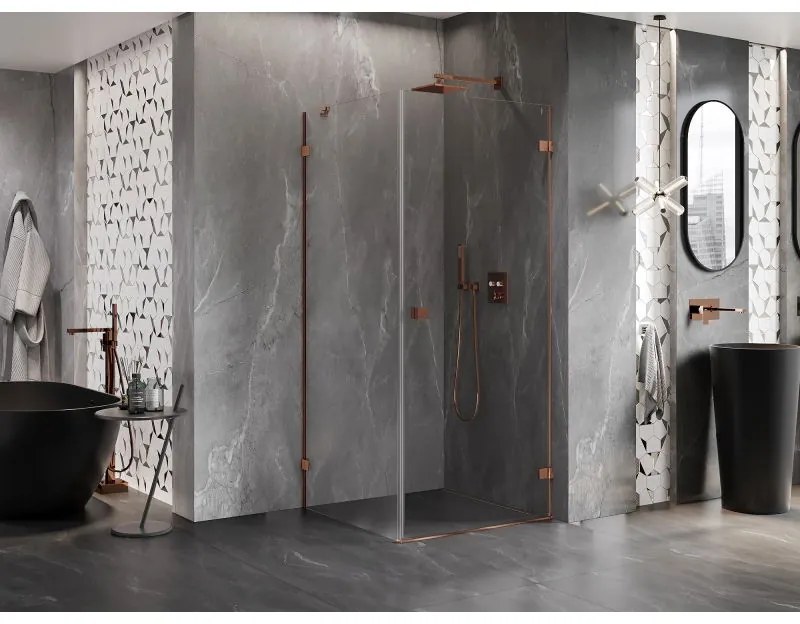 Mexen Lunar-B, pravostranný výklopný sprchový kút 90 x 90 cm, 8mm číre sklo, profil ružové zlato, 832-090-090-60-00-P