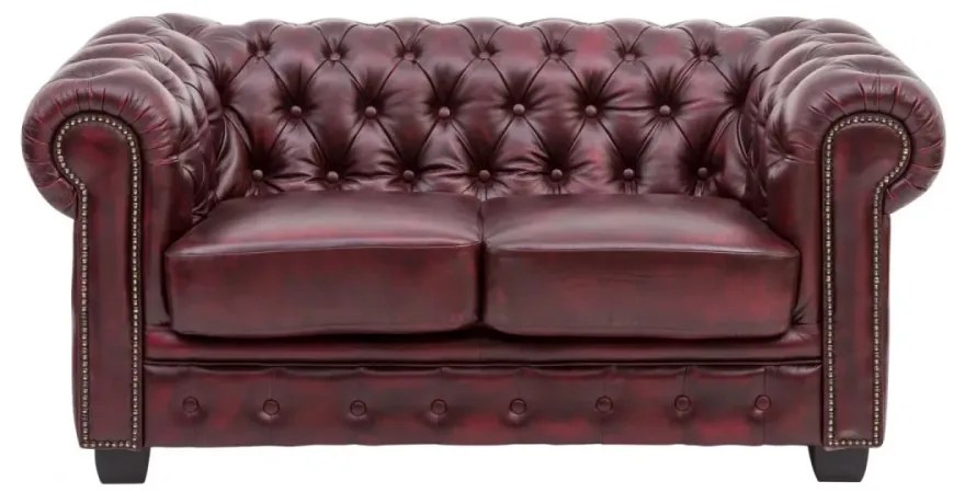 furniture-nabytek.cz - Masívna dvojmiestna pohovka Chesterfield z pravej kože, červená – 155×90×72 cm