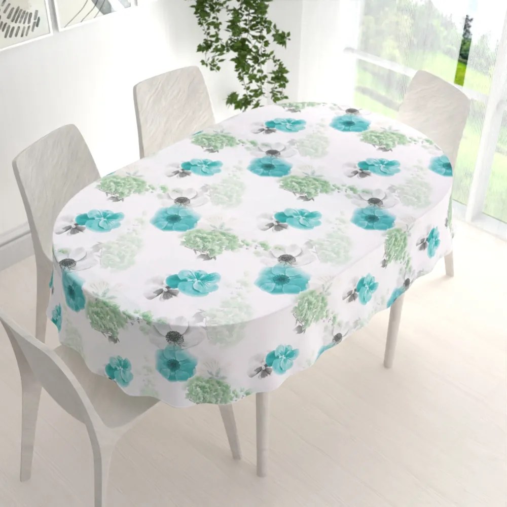 Biante Teflónový oválny obrus TF-044 Tyrkysové ruže na bielom 60x100 cm