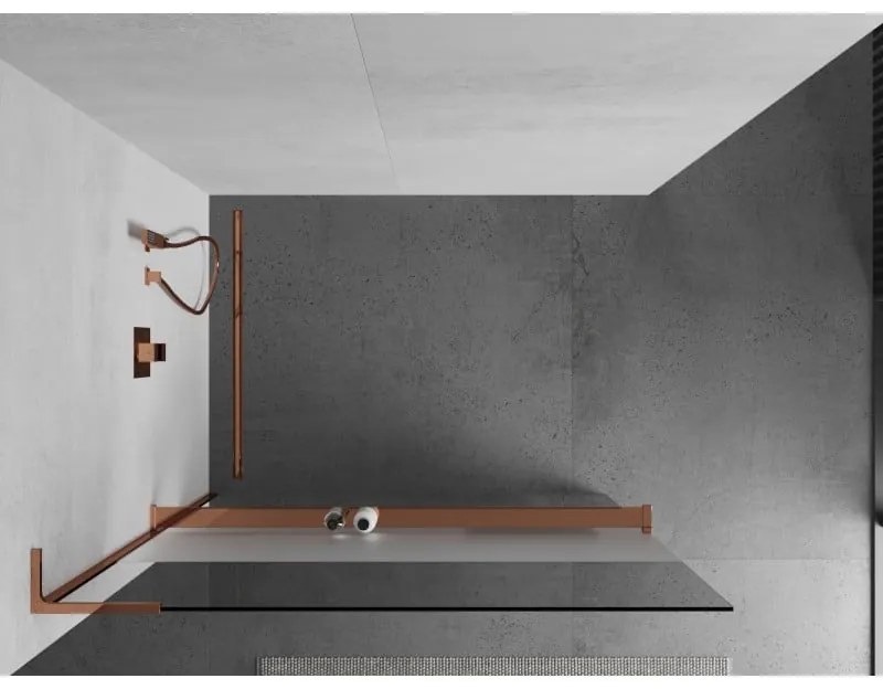 Mexen Kioto+ L, sprchová zástena Walk-In s poličkou a vešiakom 70 x 200 cm, 8mm číre sklo-námraza, ružové zlato profil, 800-070-123-60-35