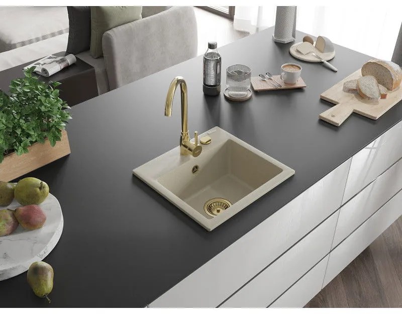 Mexen Milo, granitový drez 435x410x171 mm, 1-komorový, béžová so zlatým sifónom, 6505441000-69-G
