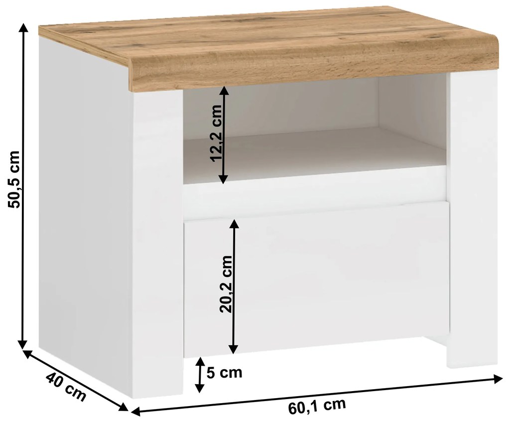 Nočný stolík Vilgi 1S (lesk biely + dub wotan). Vlastná spoľahlivá doprava až k Vám domov. 1064650
