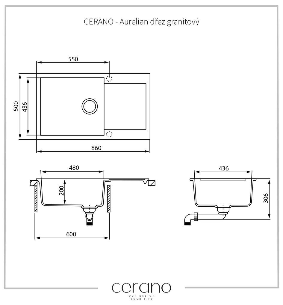 Cerano Aurelian, 1-komorový granitový drez s odkvapkávačom 860x500x200 mm, šedá, CER-LIVSQT104-G