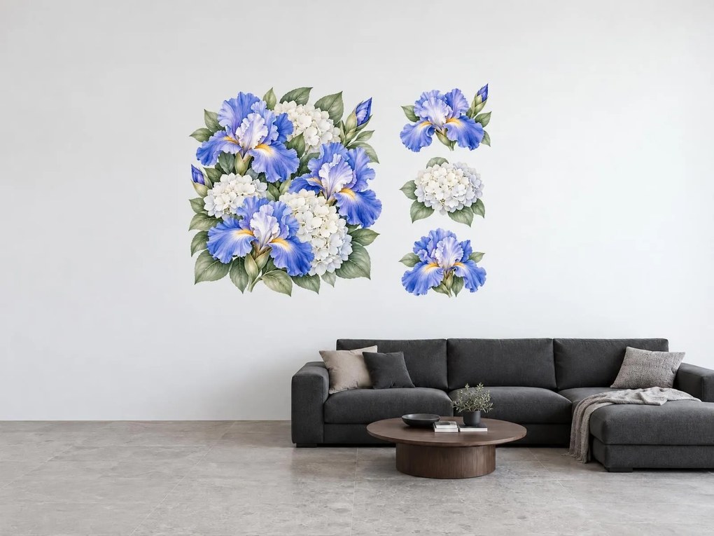 Modré kosatce a hortenzie arch 75 x 56 cm