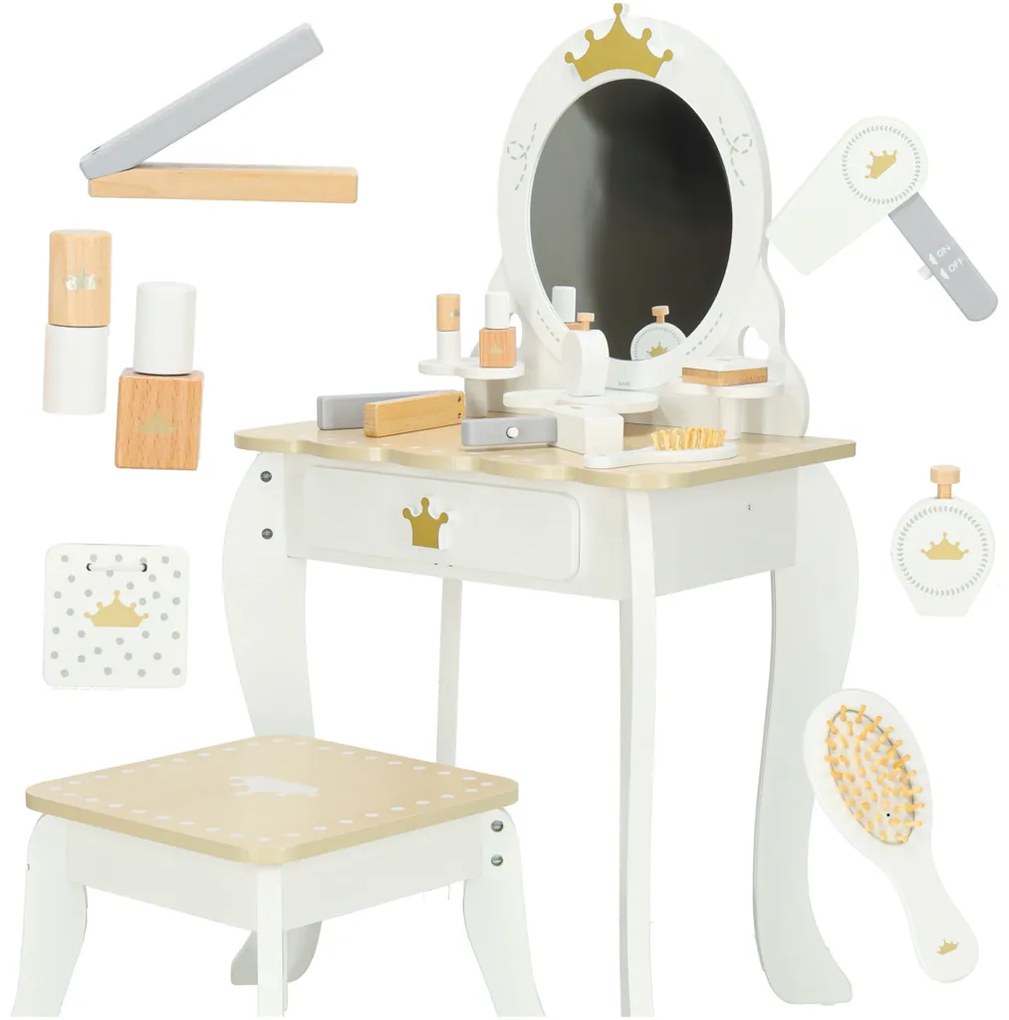 KIK Detský drevený toaletný stolík LULILO BELLA pre dievčatá so zrkadlom a doplnkami, biely