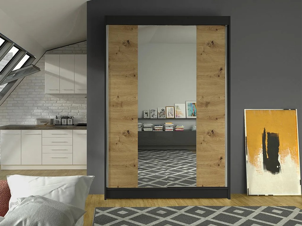 Posuvná skriňa so zrkadlom Parys II, Farby: kašmír, Osvetlenie: osvetlenie LED RGB - farebné