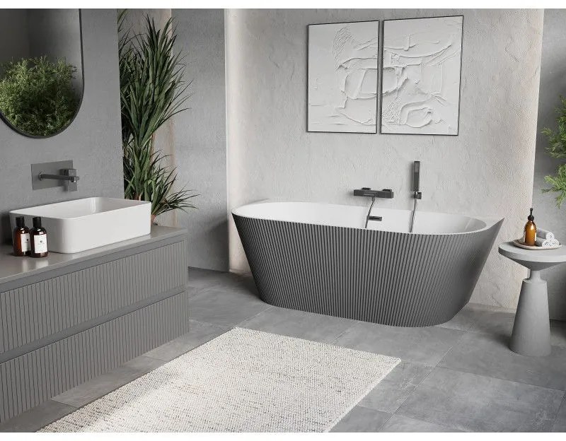 Mexen Oris, voľne stojaca ryhovaná vaňa 170 x 80 cm, biela-šedá, brúsený grafit prepad, 52871708062-66