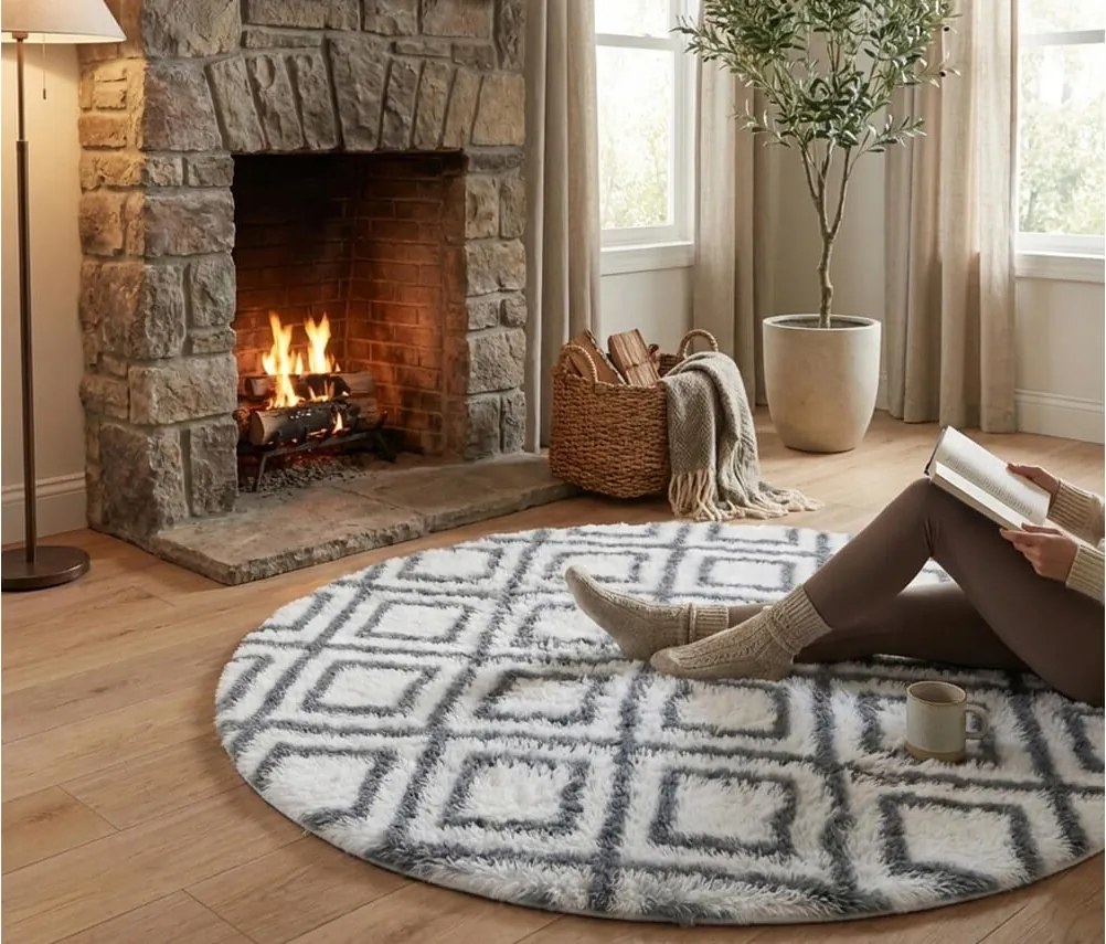 TZ Biely okrúhly vzorovaný koberec shaggy Decor Cube Rozmer: 140 cm