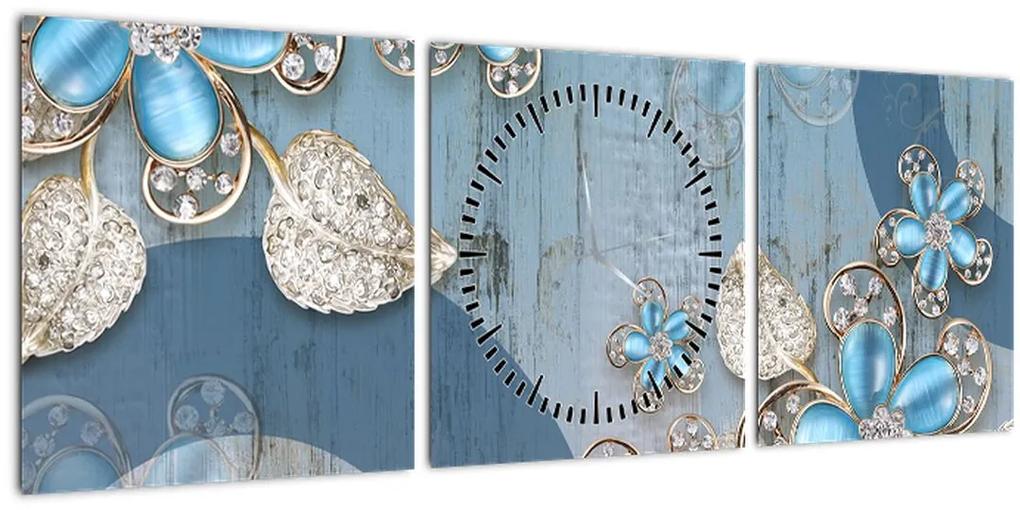 Obraz - Modré kvety (s hodinami) (90x30 cm)