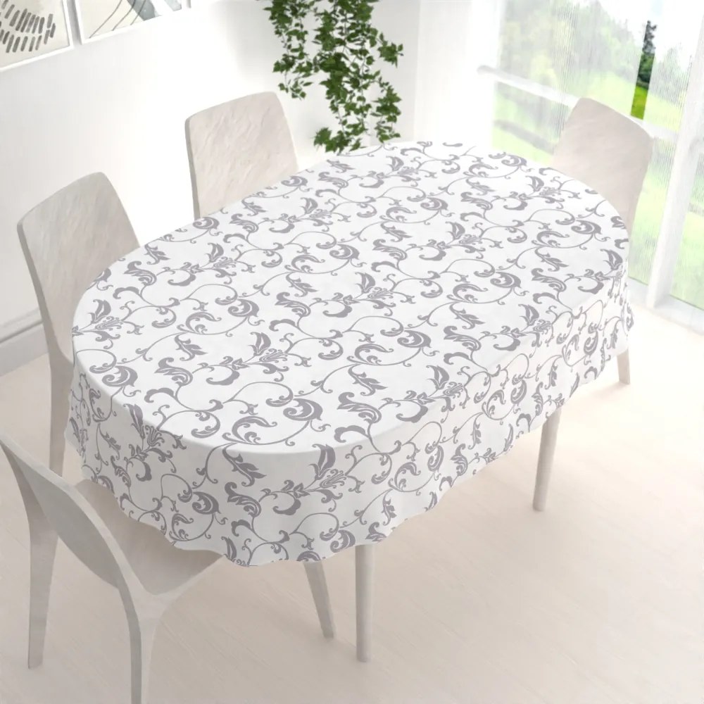 Biante Bavlnený oválny obrus Sandra SA-184 Sivé kvetované ornamenty na bielom 140x220 cm
