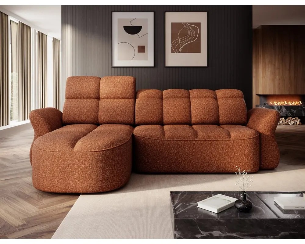 Terakotová zamatová rozkladacia/s úložným priestorom rohová pohovka (ľavý roh/s leňoškou) Beneth – ELTAP