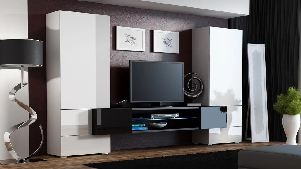 Moderná obývacia stena Diego, biela s čiernym TV stolíkom