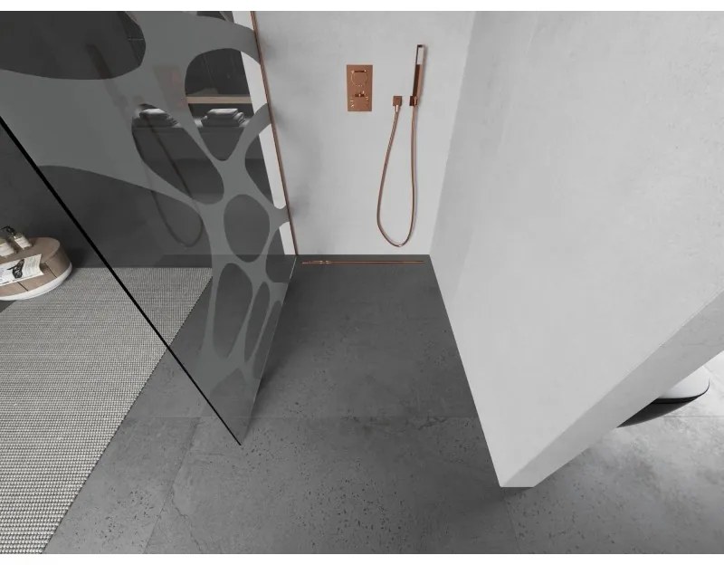 Mexen Kioto, sprchová zástena Walk-In 110 x 200 cm, 8mm číre sklo biely vzor, medený matný profil, 800-110-101-65-97