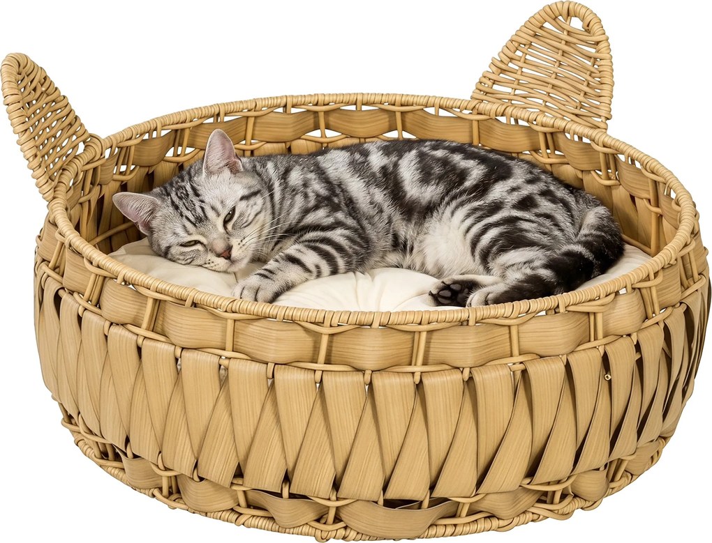PawHut Rattan Cat Bed with Removable Cushion — Cat Cave for Cats up to 22 lb, 19.7" x 19.7" x 9.8", Light Brown | Aosom