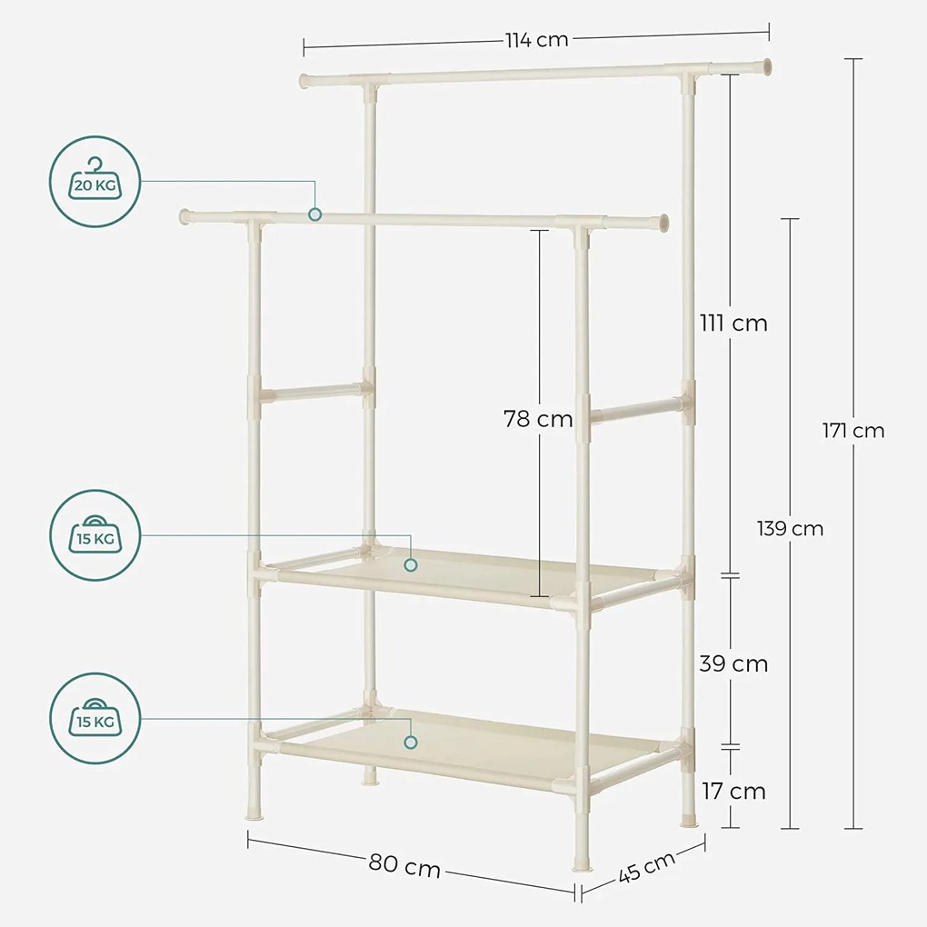 SONGMICS Vešiak na oblečenie dva držiaky biely 114 x 171 x 45 cm