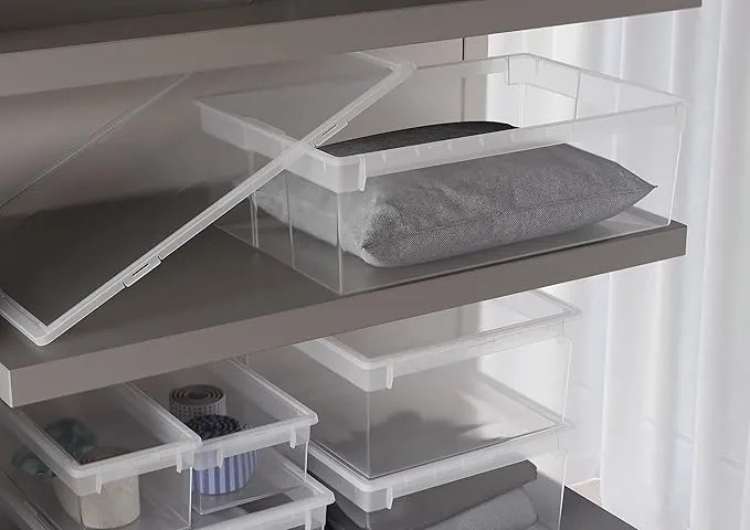 Úložný box s vekom, transparentný, na posteľnú bielizeň TERRY 22l - 38 x 52 x 14 cm