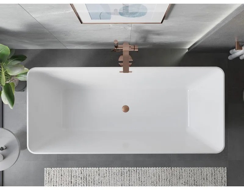 Mexen Velo Slim, voľne stojaca vaňa 170 × 75 cm, biela lesklá, medený prepad, 52811707500-65