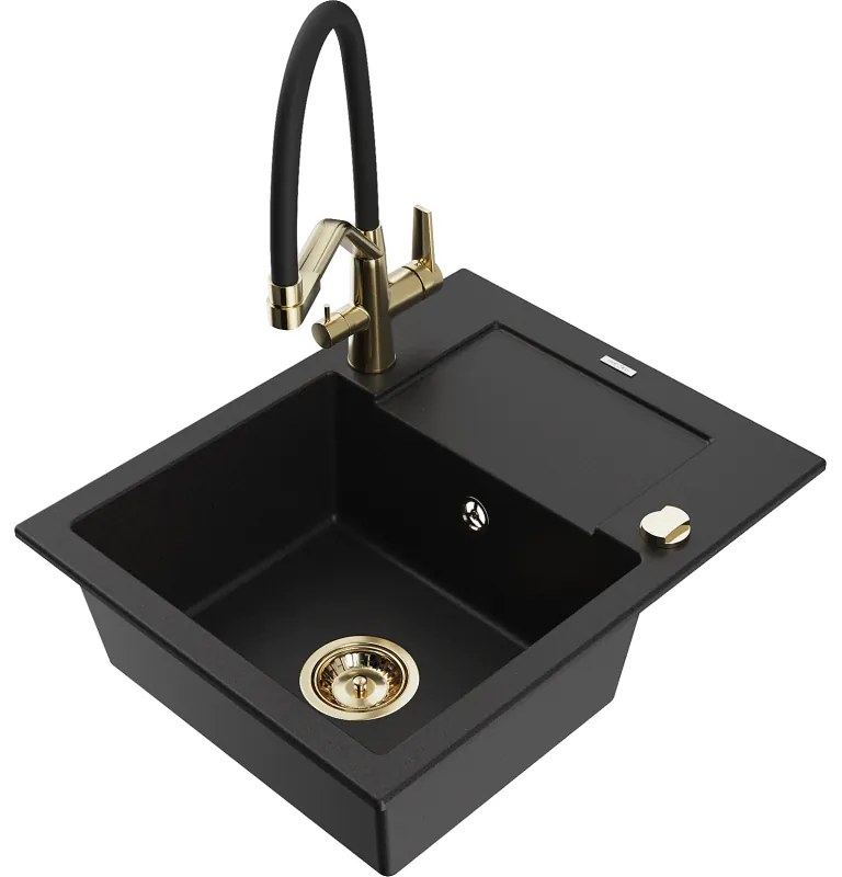 Mexen Enzo, granitový drez 576x465x174 mm, 1-komorový a drezová batéria Duo, čierna, 6506-77-671701-57-G