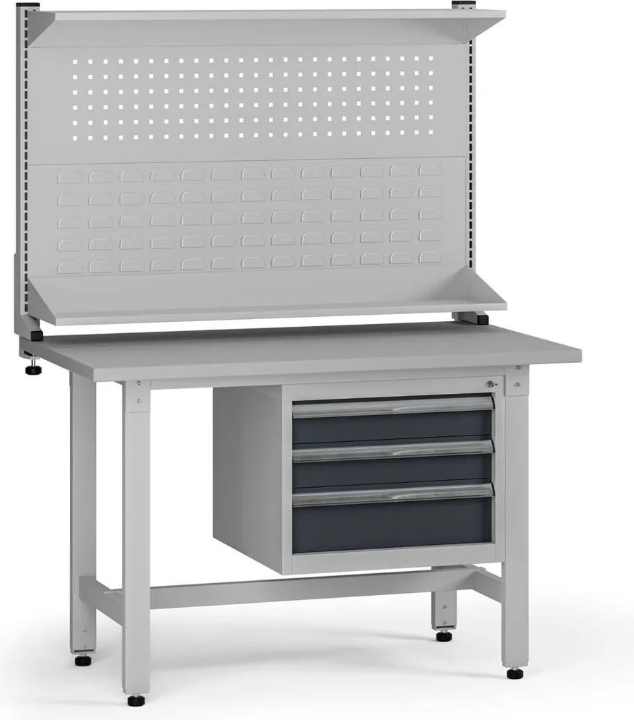 Výškovo nastaviteľný dielenský stôl G5 s nadstavbou, 1200 x 750 x 800-1000 mm, 1x kontajner, 3 zásuvky, grafit