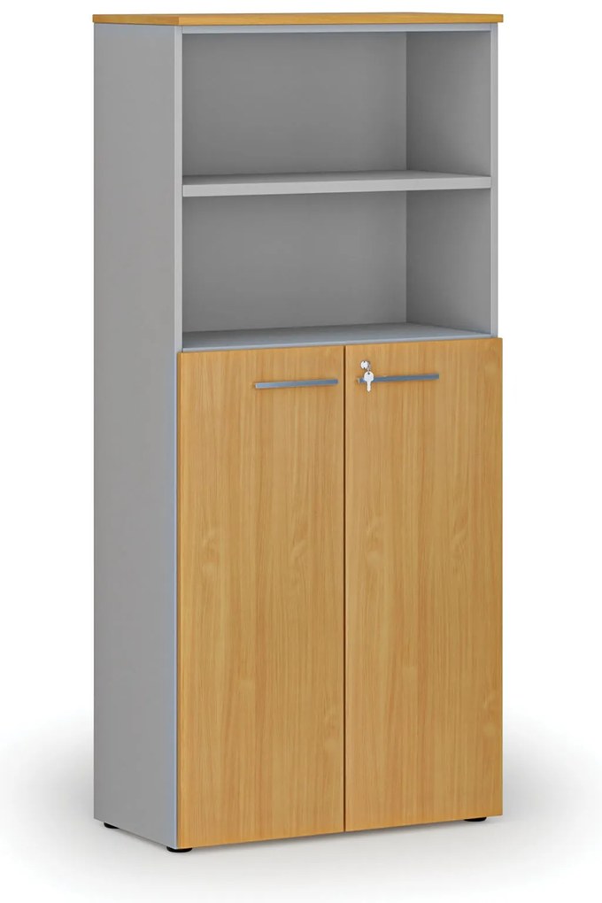 Kombinovaná kancelárska skriňa PRIMO GRAY, dvere na 3 poschodia, 800 x 420 x 1781 mm, sivá/buk