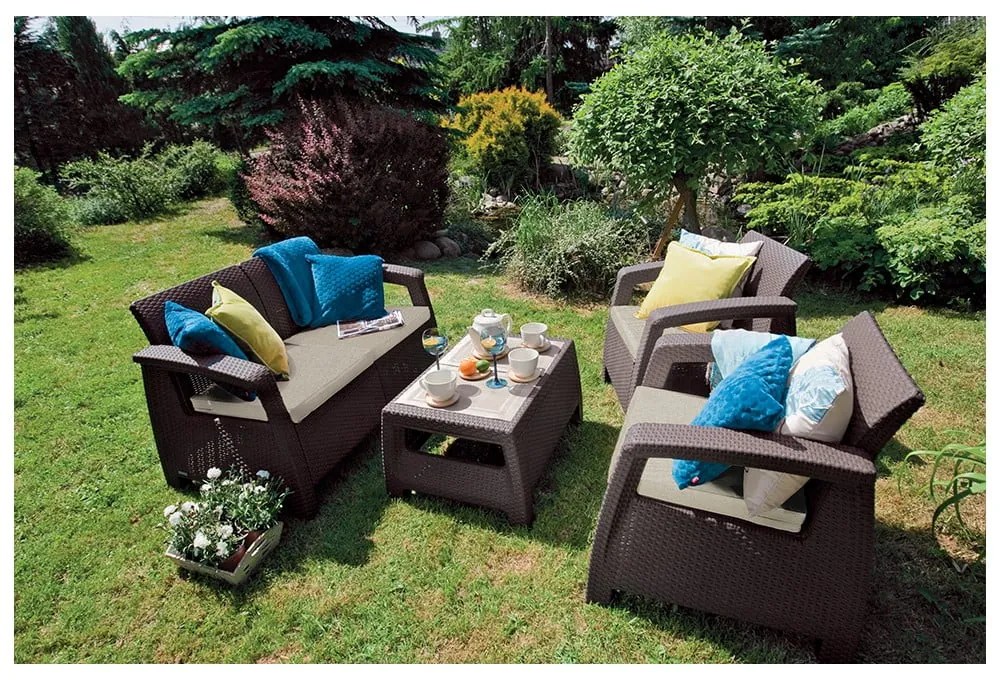 Tmavohnedá záhradná lounge súprava z umelého ratanu pre 4 Corfu – Keter