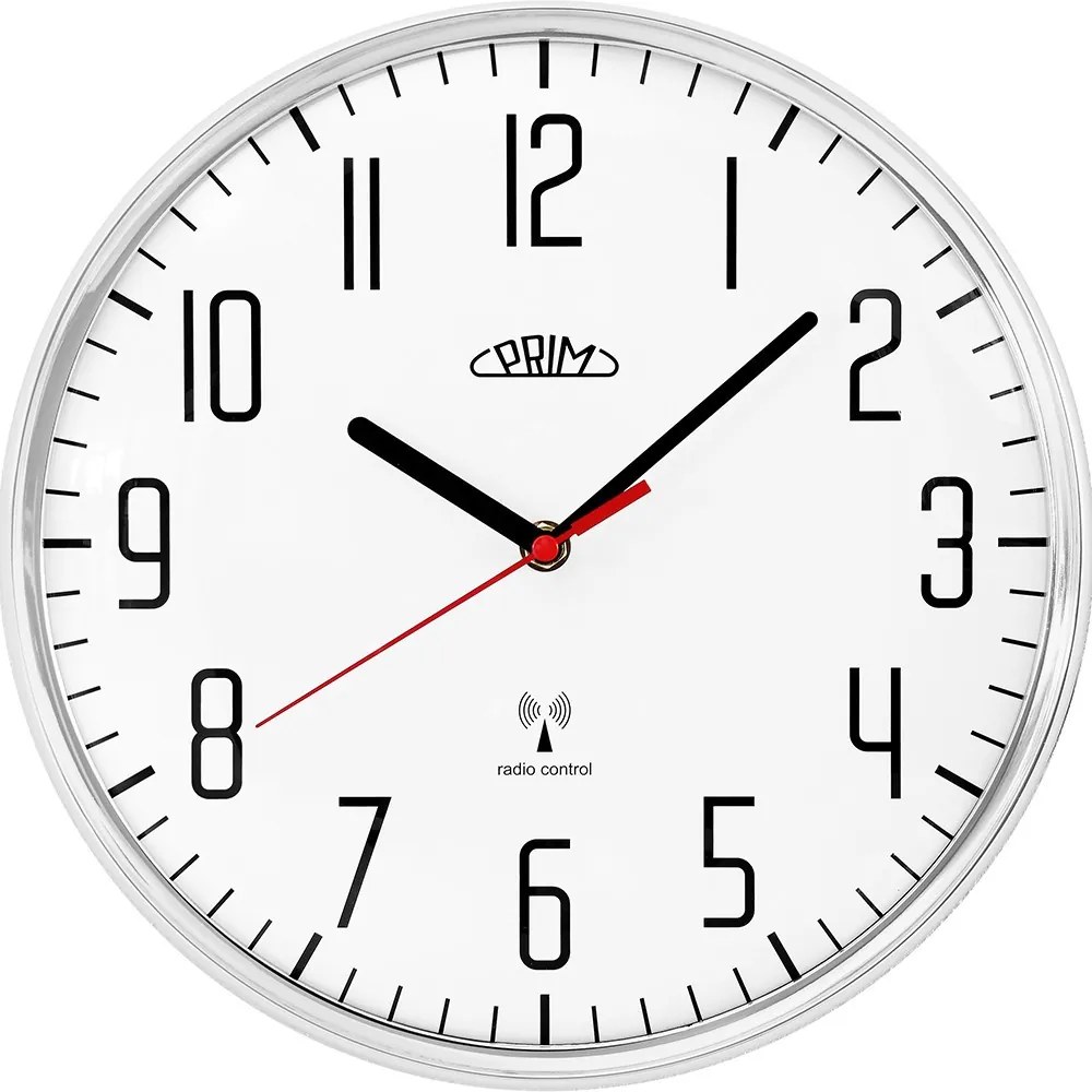 Plastové hodiny biele/lesklé strieborné PRIM Radio ∅ 292 × 48 mm