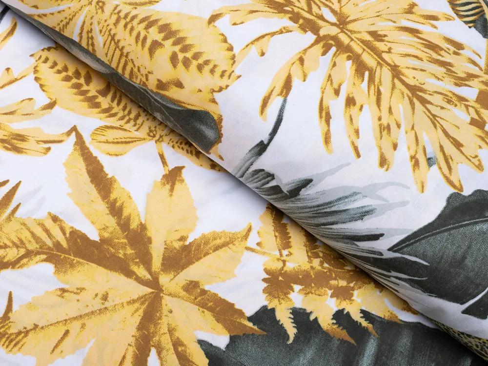Biante Bavlnené posteľné obliečky Sandra SA-388 Sivozelené a zlaté tropické listy na bielom Predĺžené 140x220 a 70x90 cm