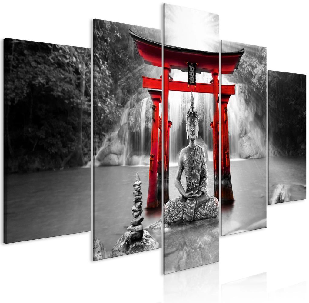 Artgeist Obraz - Buddha Smile (5 Parts) Wide Red Veľkosť: 225x112.5, Verzia: Premium Print