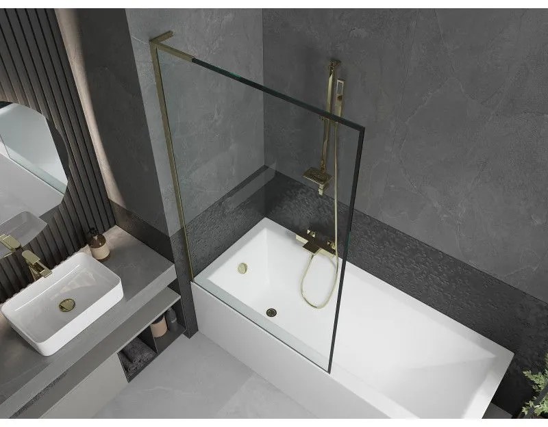 Mexen Next L, 1-krídlová vaňová zástena 100 x 150 cm, 6mm číre sklo-čierny vzor, zlatý lesklý profil, 895-100-000-03-70-50