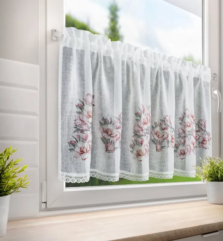EUROFIRANY Záclona zdobená čipkou 150 cm x 60 cm ružová 100 % polyester