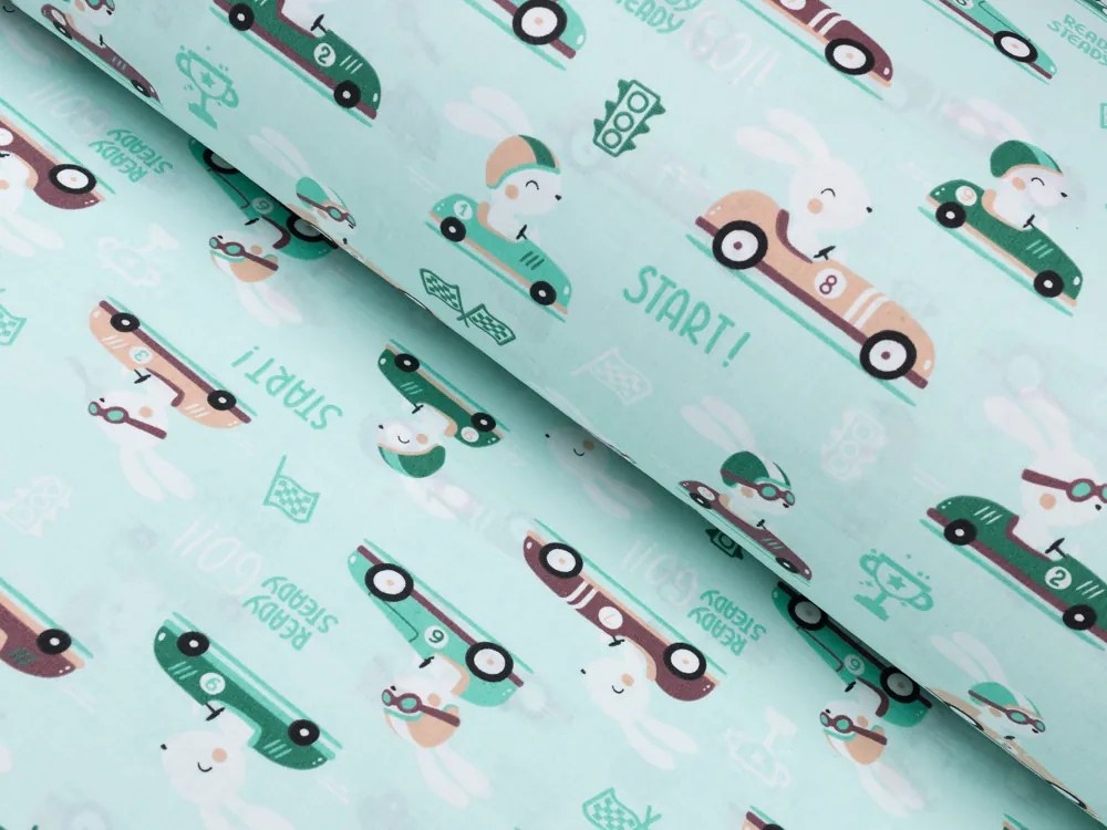 Biante Detské bavlnené posteľné obliečky Sandra SA-375 Zajačie automobilové preteky na mintovom Predĺžené 140x220 a 70x90 cm