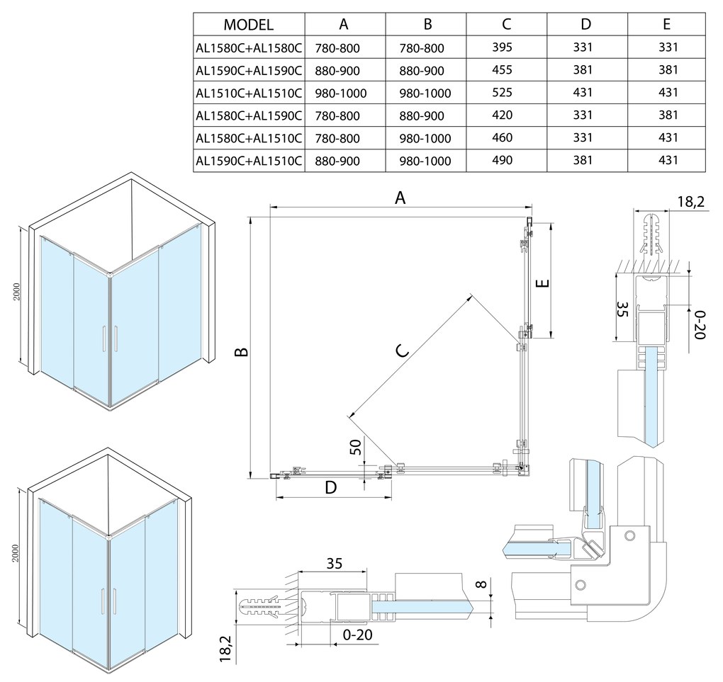 Polysan Polysan, ALTIS LINE štvorcová sprchová zástena 800x800 mm, rohový vstup, číre sklo, AL1580CAL1580C