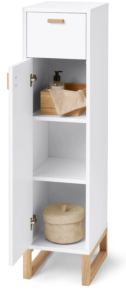 Kúpeľňová skrinka so zásuvkou a dvierkami, úzka