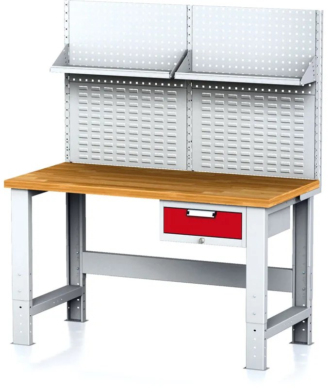 Alfa 3 Nastaviteľný dielenský stôl MECHANIC I , závesný box na náradie, nadstavba, polica, 1 zásuvka, 1500x685x700-1055 mm, červené
