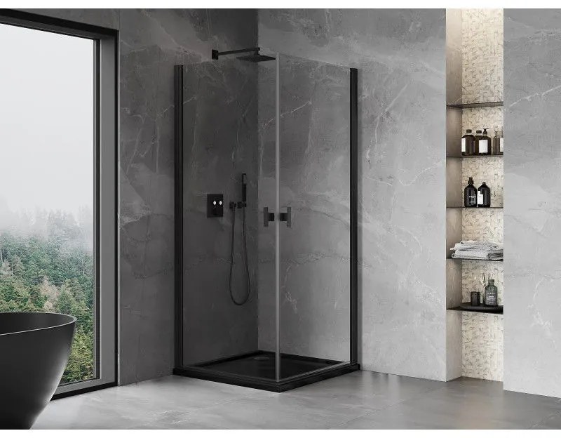 Mexen Mist-B Duo, 2-krídlový výklopný sprchový kút 70 x 70 cm, číre sklo, čierny profil, 8A2-070-070-70-00