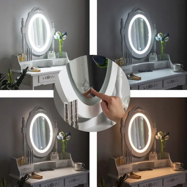 DomTextilu Vintage toaletný stolík s otočným zrkadlom s LED osvetlením 44987 Biela