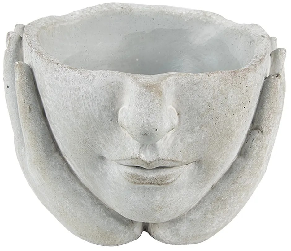 Šedý cementový kvetináč hlava ženy v dlaniach - 17*17*11 cm