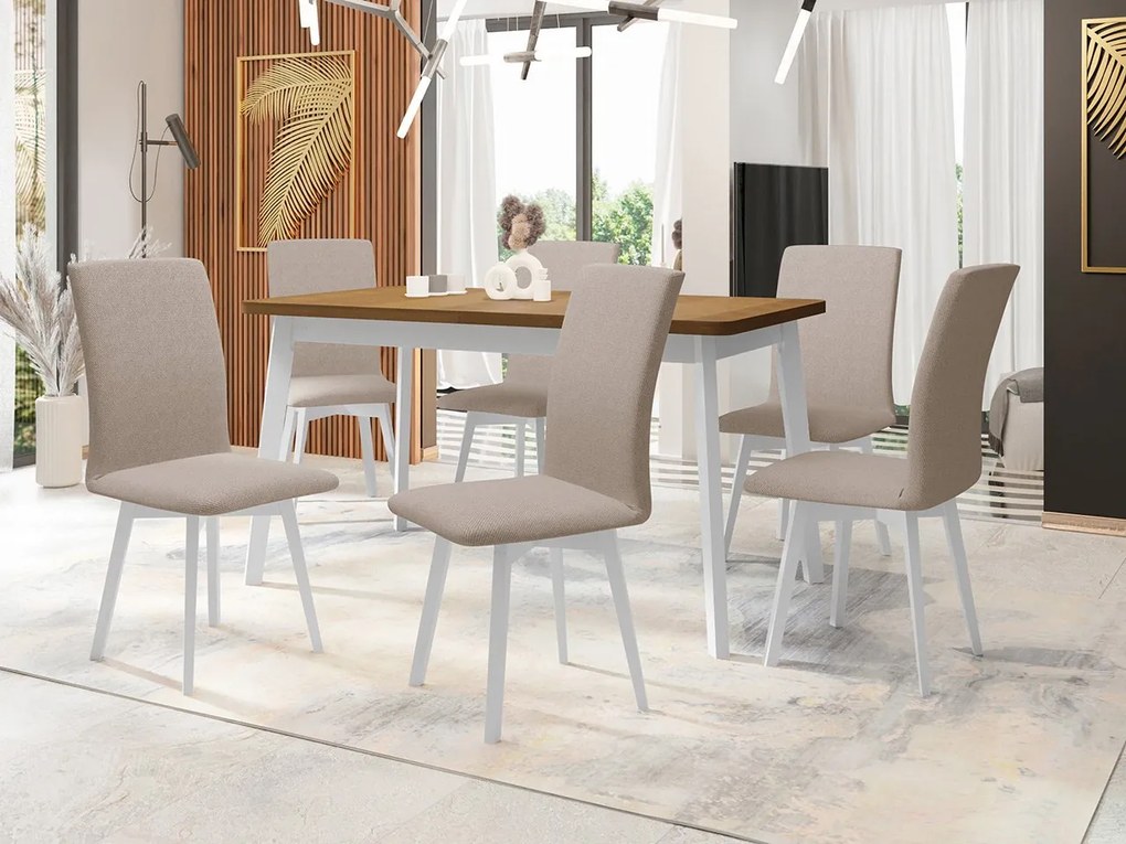 Jedálenský stôl so 6 stoličkami AL24, Morenie: dub artisan L, Poťahové látky: Hygge D91, Farby nožičiek: biela