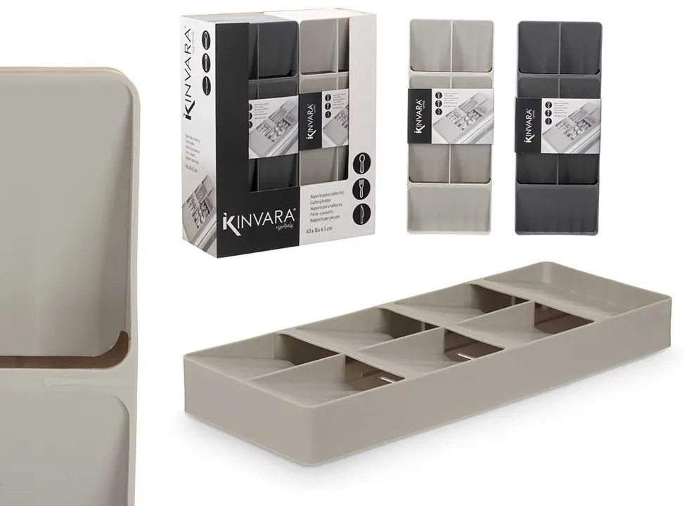 Organizér do úzkého šuplíku na příbory, příborník 7 přihrádek, plastový, šedý - 40 x 16 cm