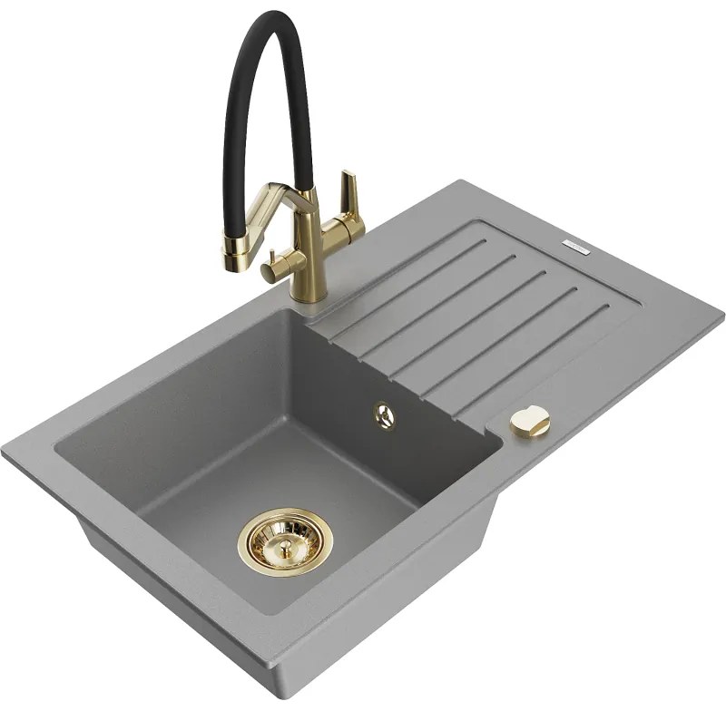 Mexen Pablo, granitový drez 752x436x161 mm, 1-komorový a drezová batéria Duo, šedá, 6510-71-671701-57-G