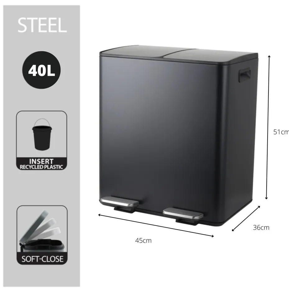 Matne čierny oceľový odpadkový kôš 2x20 l na triedený odpad/nášľapný Aliya – Spirella