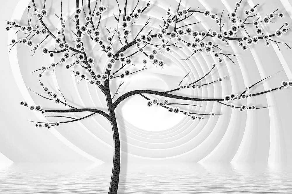 Samolepiaca tapeta čiernobiely strom s kvetmi na abstraktnom pozadí
