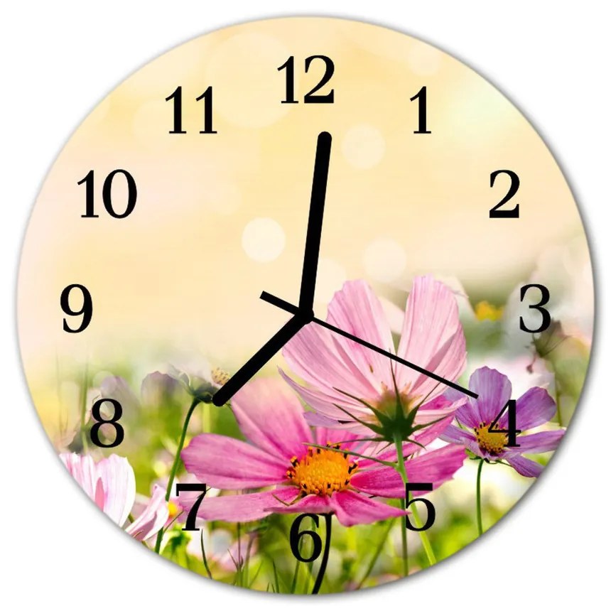 Sklenené hodiny okrúhle Kvety cosmos fi 30 cm