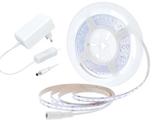 SOLIGHT COB LED pásik, sada s adaptérom, vypínač, 5m, 8W/m, 800lm/m, denná modrá