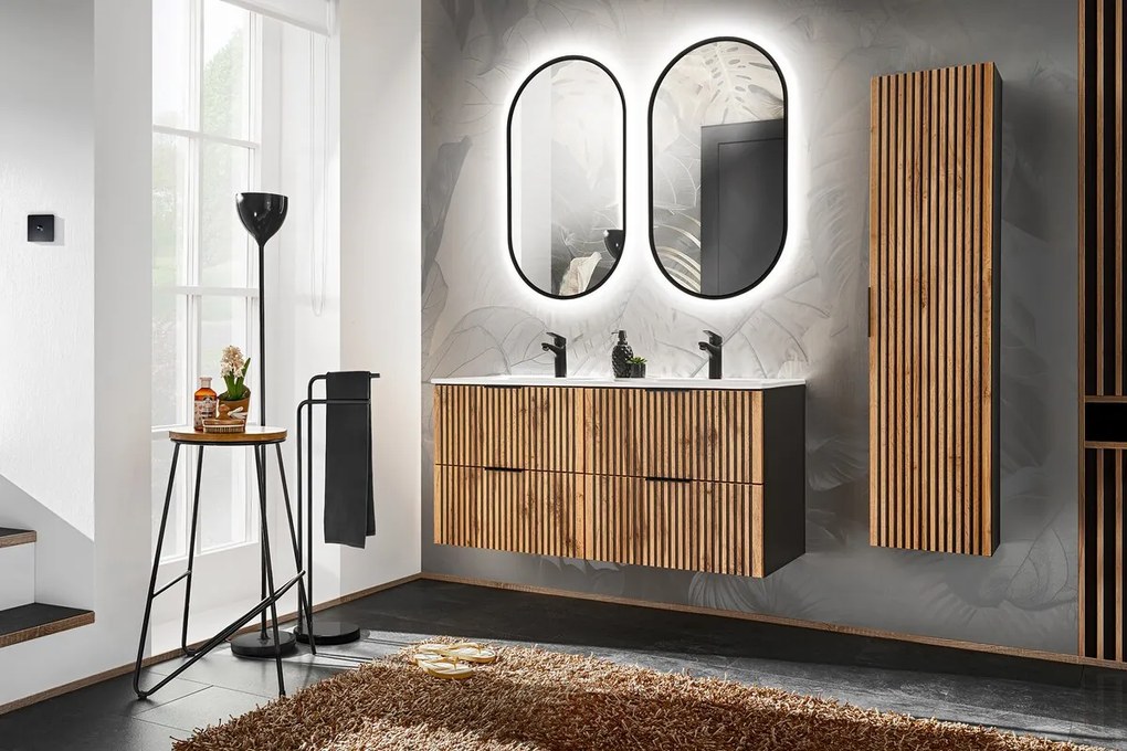 Koupelnová sestava Casad Sky se zápustnými umyvadly, skříňkami a zrcadly 120 cm dub wotan/černá