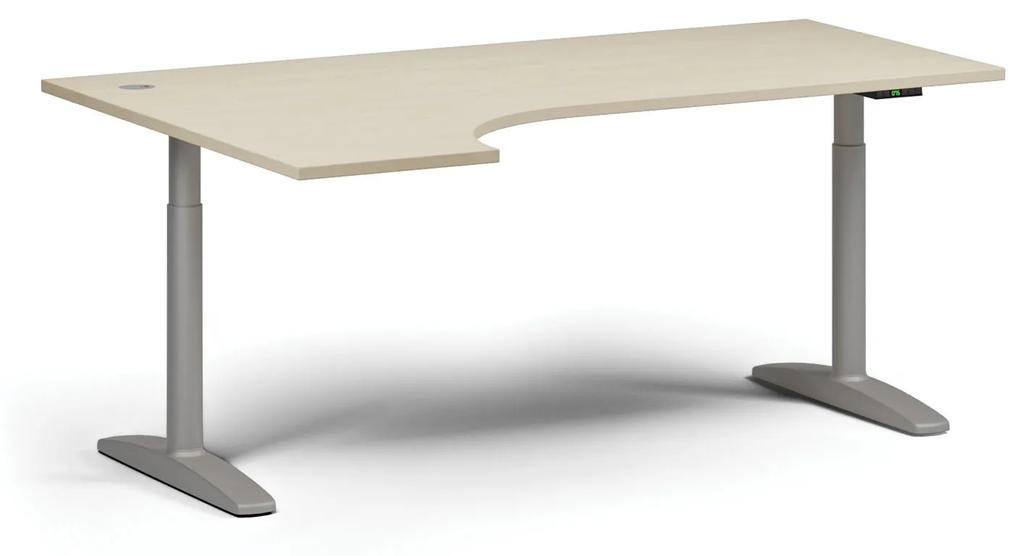 Výškovo nastaviteľný stôl OBOL, elektrický, 675-1325 mm, rohový ľavý, doska 1800x1200 mm, sivá zaoblená podnož, biela