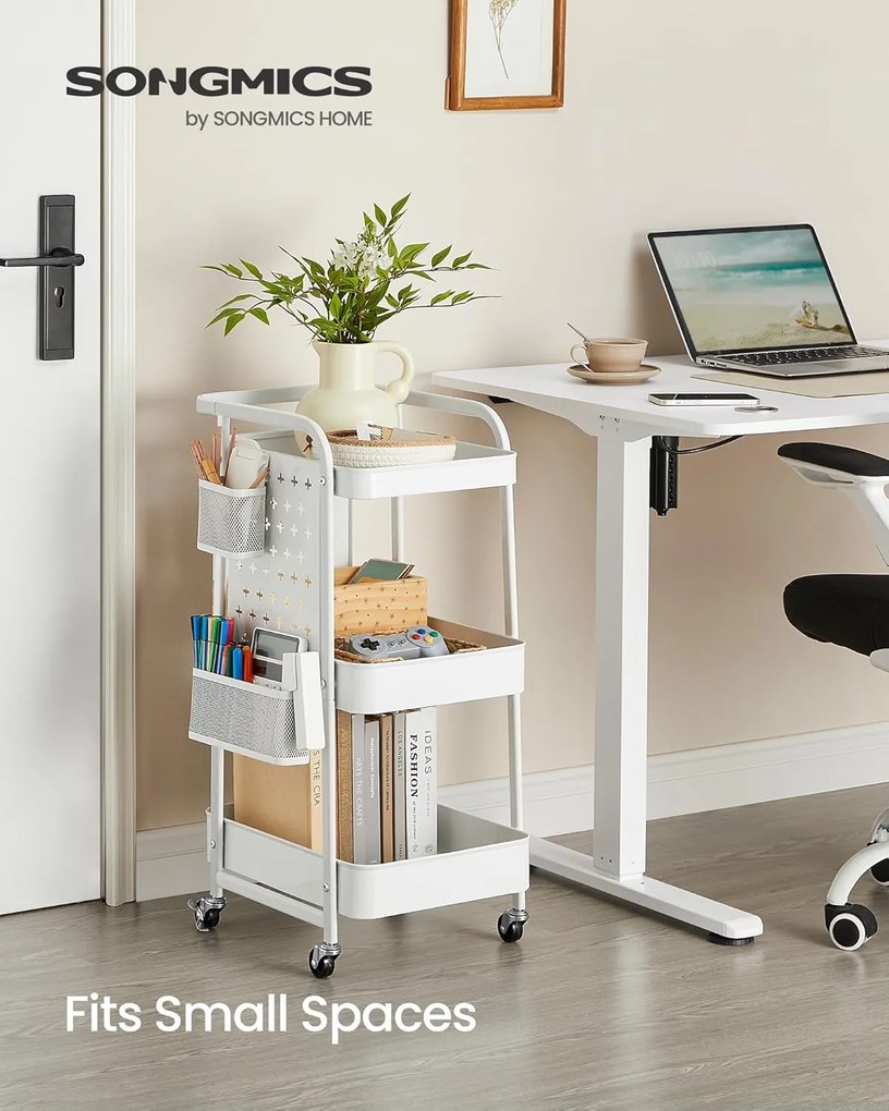 Kuchynský vozík, 3 kovové sieťované police, servírovací vozík, 32,3 x 43,3 x 73,9 cm, biely