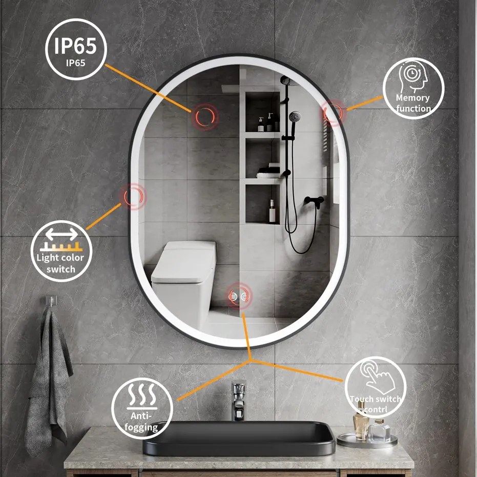 Erga Gwen, oválne LED zrkadlo 60x80cm v čiernom kovovom ráme, 3 farby svetla, predné osvetlenie, vyhrievacia podložka proti zapareniu, ERG-V01-GWEN-6080-BK