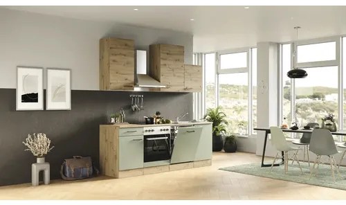 Kuchynská linka so spotrebičmi Cara 220 cm farba čela zelená dub matná farba korpusu dub