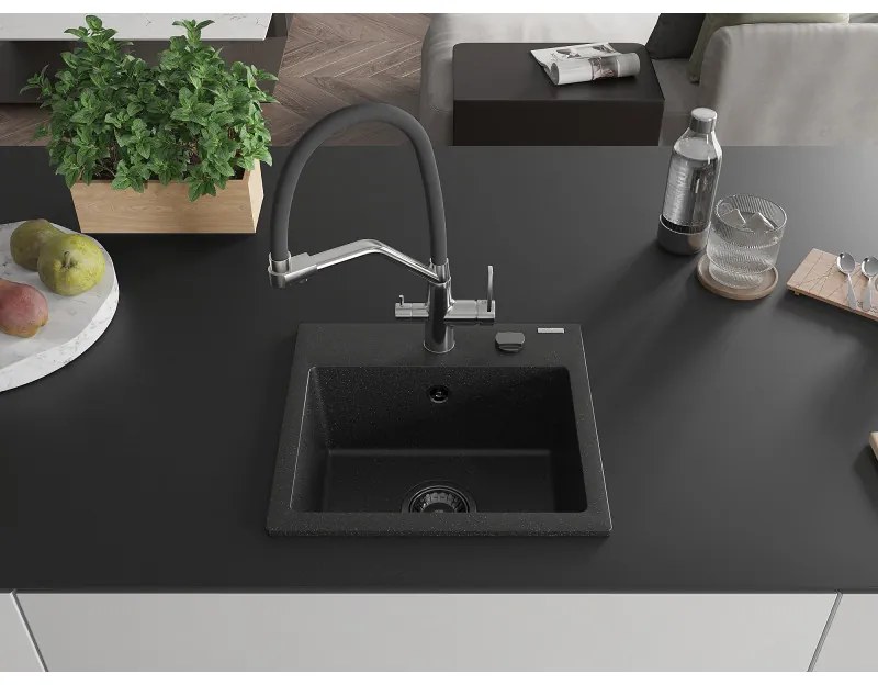 Mexen Milo, granitový drez 435x410x171 mm, 1-komorový a drezová batéria Duo, čierna-strieborná metalíza, 6505-73-671701-07-B